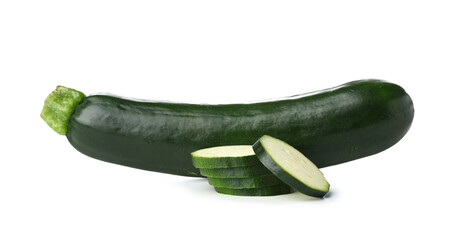Slices of fresh green zucchini on white background