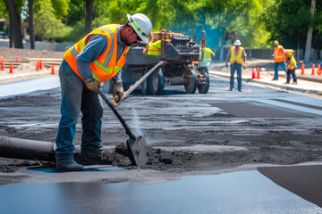 Male worker lays asphalt road repair road paving. A man in overalls is laying asphalt with a shovel, generative ai