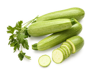 Many fresh green zucchini and parsley on white background