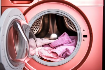 Washing machine with clothes inside, close-up. Housework concept. Created with Generative AI tools