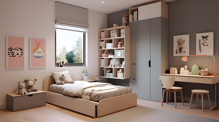 Modern and functional children's room design, featuring sleek furniture, smart storage solutions, and a minimalistic aesthetic, Generated AI
