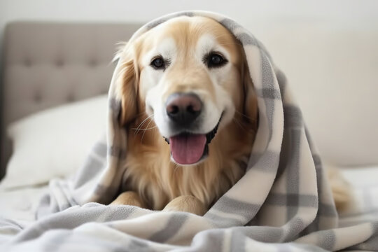 Happy smiling young golden retriever dog under light gray plaid. Pet warms under a blanket in cold winter weather. Pets friendly and care concept, generative ai 