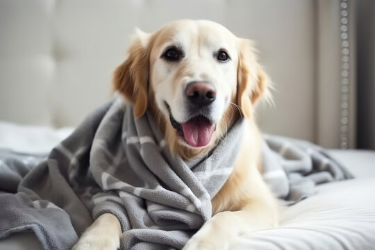 Happy smiling young golden retriever dog under light gray plaid. Pet warms under a blanket in cold winter weather. Pets friendly and care concept, generative ai 
