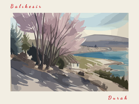 Durak: Postcard design with a scene in Turkey and the city name Durak