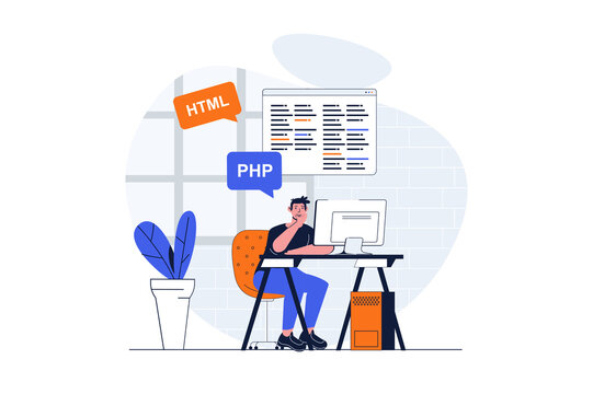 Programming web concept with character scene. Man working with php and html languages and making program. People situation in flat design. Illustration for social media marketing material.