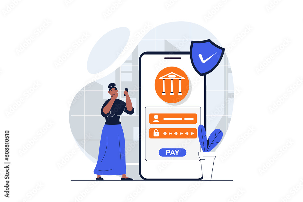 Aufkleber secure payment web concept with character scene. woman gets access with password to mobile banking f