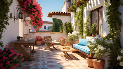 Mediterranean-inspired summer terrace design, vibrant colors, Mediterranean plants, and rustic elements, evoking a relaxed and sunny atmosphere, Generated AI