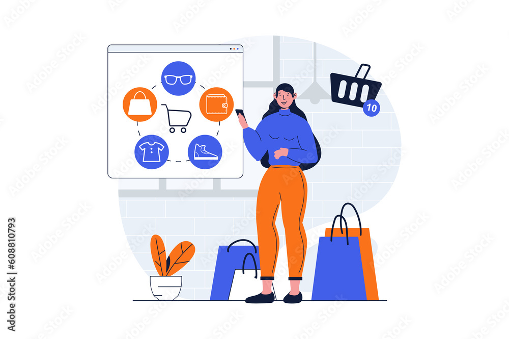 Aufkleber shopping web concept with character scene. woman ordering goods at store webpage and making bargain 