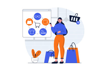 Shopping web concept with character scene. Woman ordering goods at store webpage and making bargain purchases. People situation in flat design. Illustration for social media marketing material.