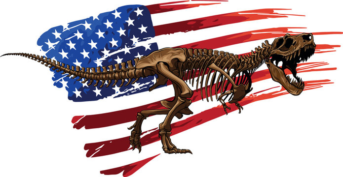 Vector illustration of tyrannosaurus T rex skeleton with american flag