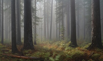 Fototapeta na wymiar a forest filled with lots of tall trees covered in fog. generative ai