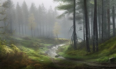 Obraz premium a painting of a forest with a stream running through it. generative ai