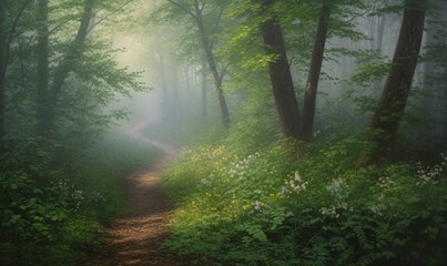 Obraz premium a painting of a path in a forest with trees and flowers. generative ai