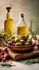Olive oils, olives, herbs and spices on wooden board. AI generated