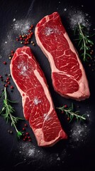 Raw steaks with seasonings on stone background, top view. AI generated