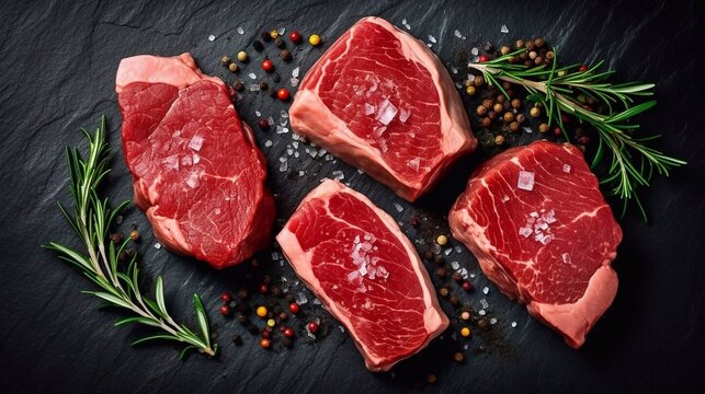 Raw steaks with seasonings on stone background, top view. AI generated