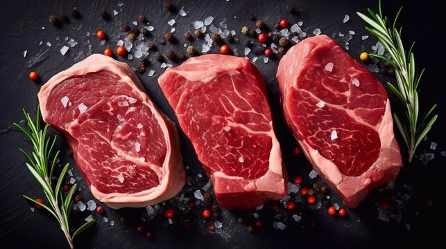 Raw steaks with seasonings on stone background, top view. AI generated