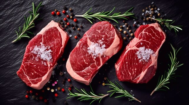 Raw steaks with seasonings on stone background, top view. AI generated