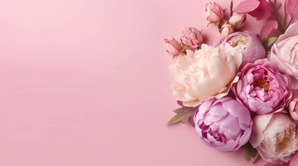 Bouquet of piony flowers on pink background. Valentine's Day, Easter, Birthday, Happy Women's Day, Mother's Day. Top view, copy space