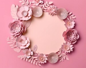 Pink paper flowers on a pink background.Floral trendy abstract background with 3d paper flowers. AI generated