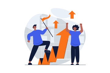 Teamwork web concept with character scene. Men working together, developing project and growing incomes. People situation in flat design. Illustration for social media marketing material.