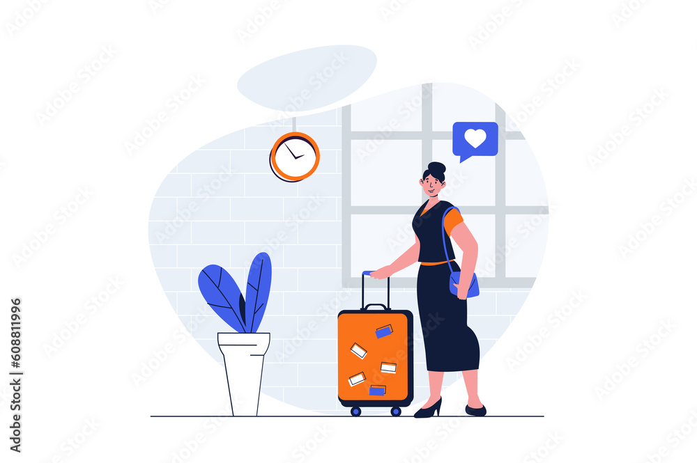 Poster travelling web concept with character scene. woman traveler with suitcase preparing for trip on vaca