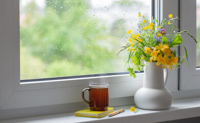 summer flowers in white jug with cup of tea on windowsill