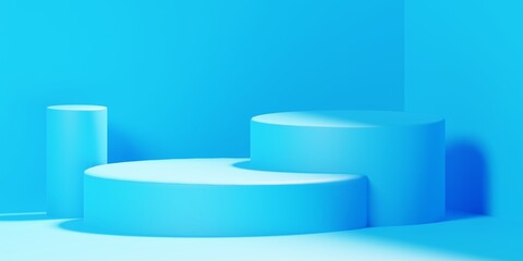 Blue product background stand or podium pedestal on advertising display with blank backdrops. 3D rendering.
