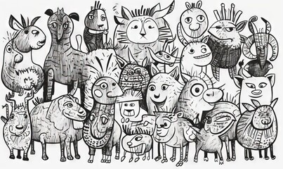  a black and white drawing of a group of sheep and goats.  generative ai