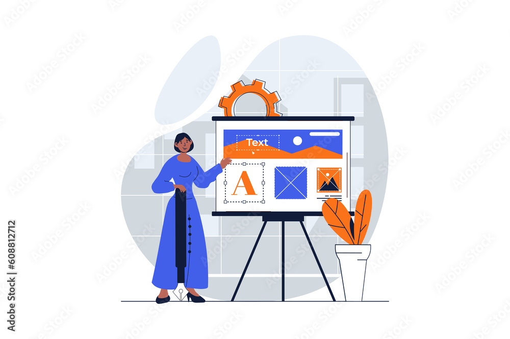 Poster web development concept with character scene. woman creating different elements and developing layou