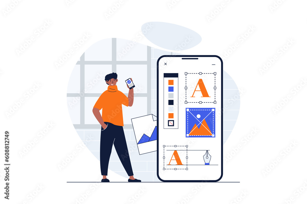 Poster web development concept with character scene. man creating elements and colours for developing mobil