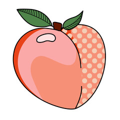 Peach fruit on branch with leaf icon vector illustrtion. Cute cartoon peach stickers.  Sweet fruit