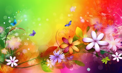  a colorful background with flowers and butterflies on a rainbow colored background.  generative ai