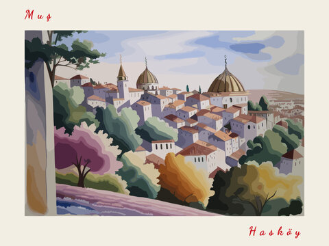 Hask&ouml;y: Modern illustration of a Turkish scene with the name Hask&ouml;y in Muş