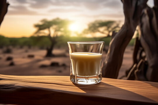 shot of cream liqueur on wooden table sunset shot trees safari summer