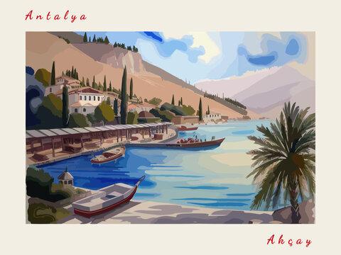 Ak&ccedil;ay: Postcard design with a scene in Turkey and the city name Ak&ccedil;ay