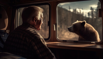 Unexpected Encounter: Bear Peering Through Window at Old Man - obrazy, fototapety, plakaty