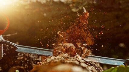 Detail of man cutting wooden bark in detail.