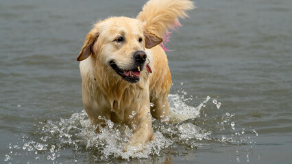 dog running in water