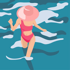 A beautiful girl in pink swimsuit and pink hat walking in the sea during vacation in faceless style for banners, cards, posters