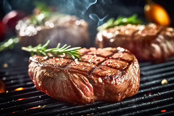 Close-up photo of Raw beef steaks with vegetables grilling.