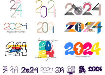 2024 Happy New Year color logo text design. Set of 2024 number design template. Trend 2024 Happy New Year symbols. Vector illustration. Text for design, banner, web, t-shirt, party, poster, media post