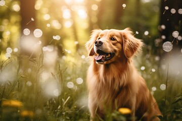 dandelions in the forest with a golden retriever dog Generative AI