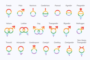 Set of gender symbols. LGBTQ community. Gay, lesbian, transgender, non-binary. Vector illustration in flat style