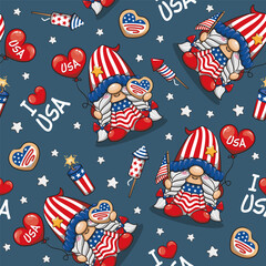 Seamless Pattern Happy 4th of July America Independence With Cute Gnome, I Love USA, Cartoon Illustration