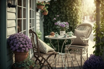 Fototapeta premium Lovely patio or balcony with a tiny table, a chair, and flowers. Generative AI