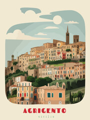 Agrigento: Beautiful vintage-styled poster of with a city and the name Agrigento in Sicilia - obrazy, fototapety, plakaty