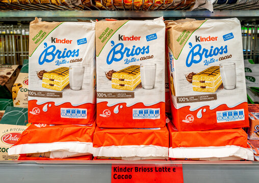 Italy - May 21, 2023: Ferrero Kinder Brioss milk and cocoa with Italian milk, snacks in recyclable paper packaging for sale on Italian store shelves
