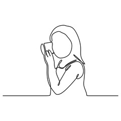 continuous line drawing of curious girl listens. portrait kid hearing something, parents talk, hand to ear gesture. Human face expression, emotion, body language, life perception