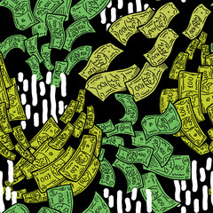 Money seamless vector pattern background for print design. Hundred dollars banknotes, a lot of cash for finance. economy, business success theme. Hand drawn line illustration, cartoon style drawing.